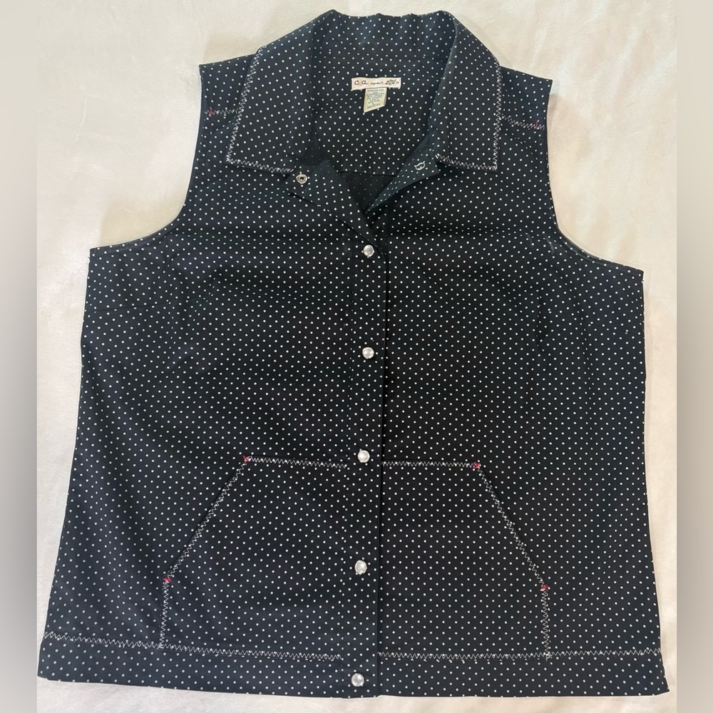 Vintage C.A. Sport Polka Dot Button Front 
L Black White Cotton, Cottagecore